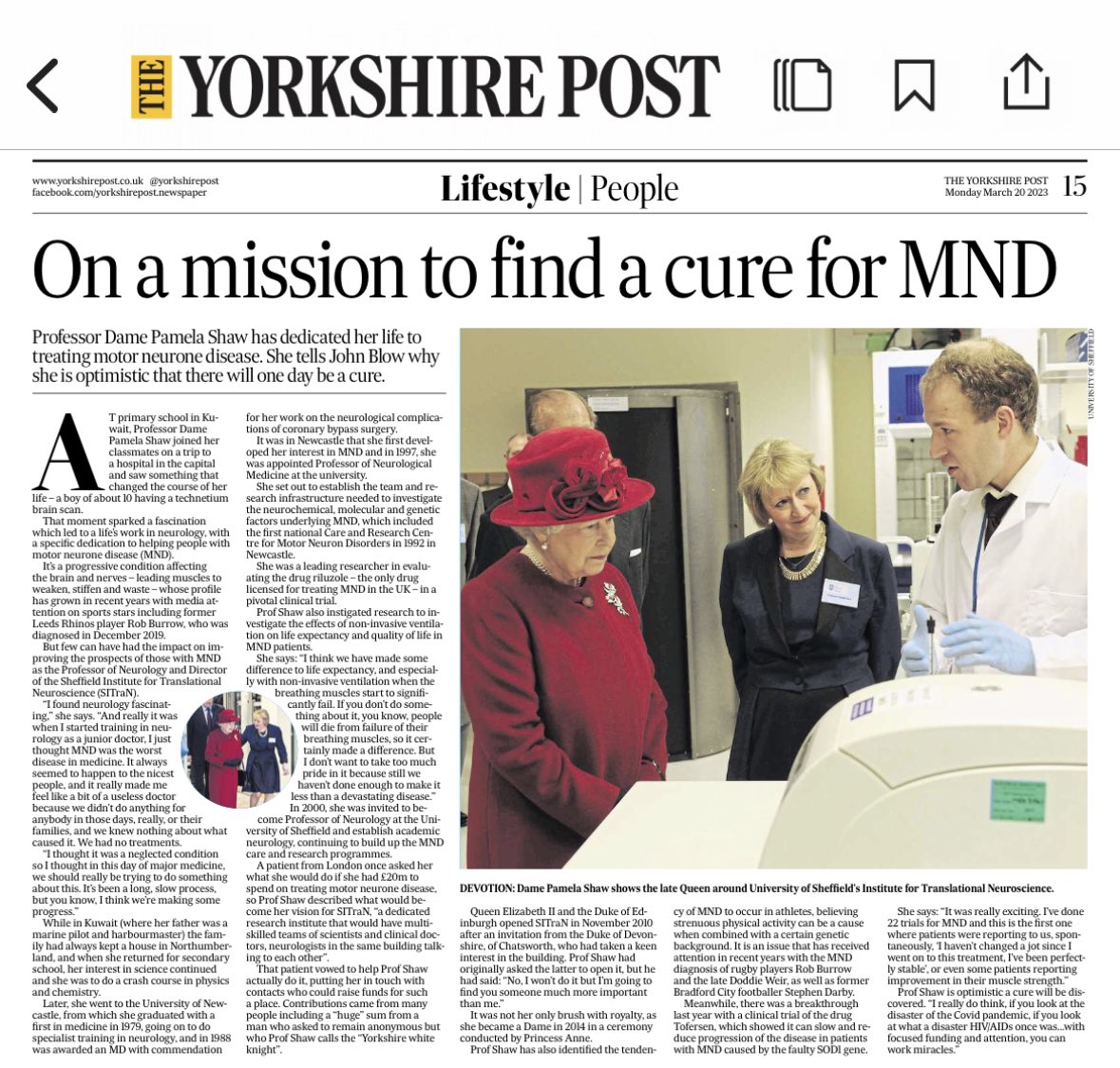 Stephen Naylor (@stephennaylor) on Twitter photo One of the most inspirational people I know, #SITraN’s Professor Dame Pamela Shaw, is profiled in today's <a href="/yorkshirepost/">The Yorkshire Post</a>.
Her determination to find out more about MND - develop treatments and, one day, a cure is humbling.
We owe her so much 💙
👉🏻 yorkshirepost.co.uk/health/motor-n… One of the most inspirational people I know, #SITraN’s Professor Dame Pamela Shaw, is profiled in today's <a href="/yorkshirepost/">The Yorkshire Post</a>.
Her determination to find out more about MND - develop treatments and, one day, a cure is humbling.
We owe her so much 💙
👉🏻 yorkshirepost.co.uk/health/motor-n…