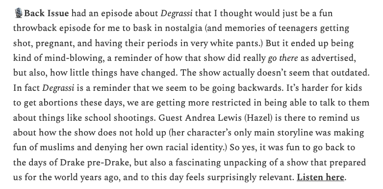 RegardingJosh's tweet photo. Thanks @laurenpassell for this awesome shout out for #backissuepodcast's Degrassi episode. @amil was so great to work with. and @xandraellin put her foot in producing it! https://t.co/fK2S21UH0V
