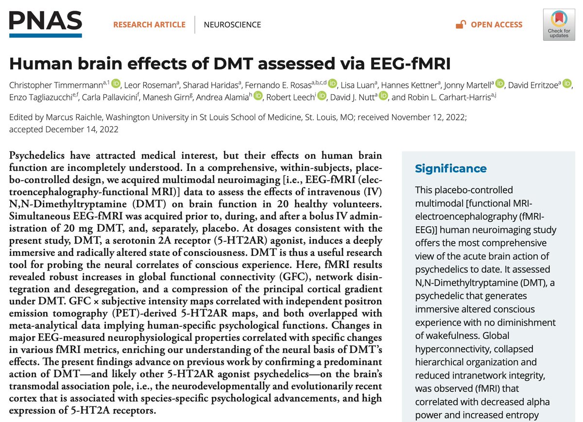 Chris Timmermann (@neurodelia) on Twitter photo Our DMT Neuroimaging paper is out now in @PNASnews
pnas.org/doi/10.1073/pn…
TLDR: DMT is associated with a dysregulation of the developmentally/evolutionary recent cortex and linked to reduced alpha power, increased entropy, and 5-HT2AR density.
with <a href="/RCarhartHarris/">Robin Carhart-Harris</a> et al.
🧵 Our DMT Neuroimaging paper is out now in @PNASnews
pnas.org/doi/10.1073/pn…
TLDR: DMT is associated with a dysregulation of the developmentally/evolutionary recent cortex and linked to reduced alpha power, increased entropy, and 5-HT2AR density.
with <a href="/RCarhartHarris/">Robin Carhart-Harris</a> et al.
🧵
