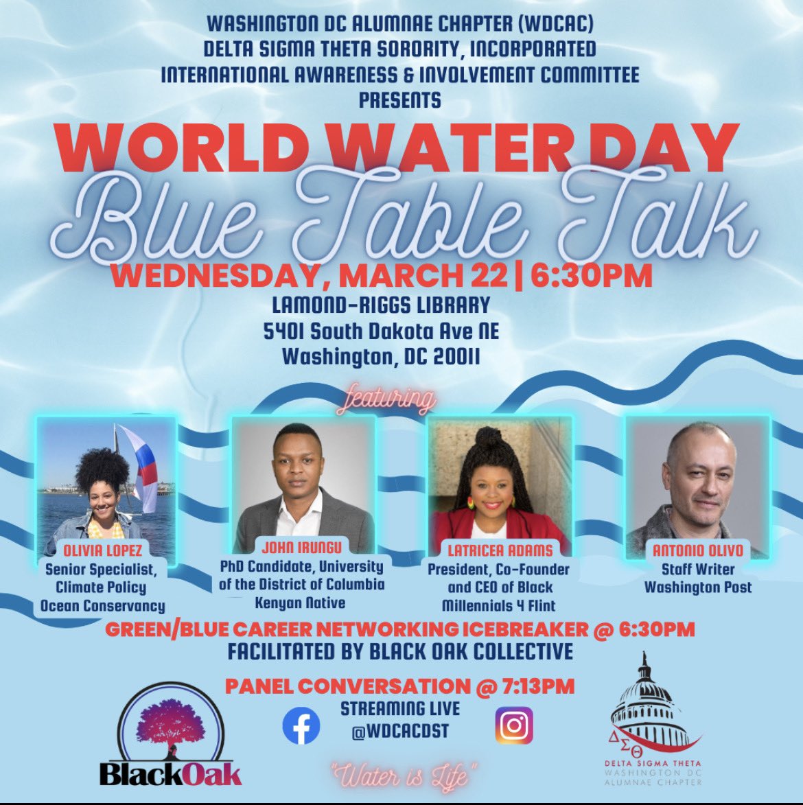 Join us WED on #WorldWaterDay for @wdcacdst’s “BLUE TABLE TALK”  featuring a career networking icebreaker and a panel conversation w/ water experts on how to be a water advocate for the district, our nation, and internationally! 🌊💧

@OurOcean @BM4Flint @dcwater #WaterisLife