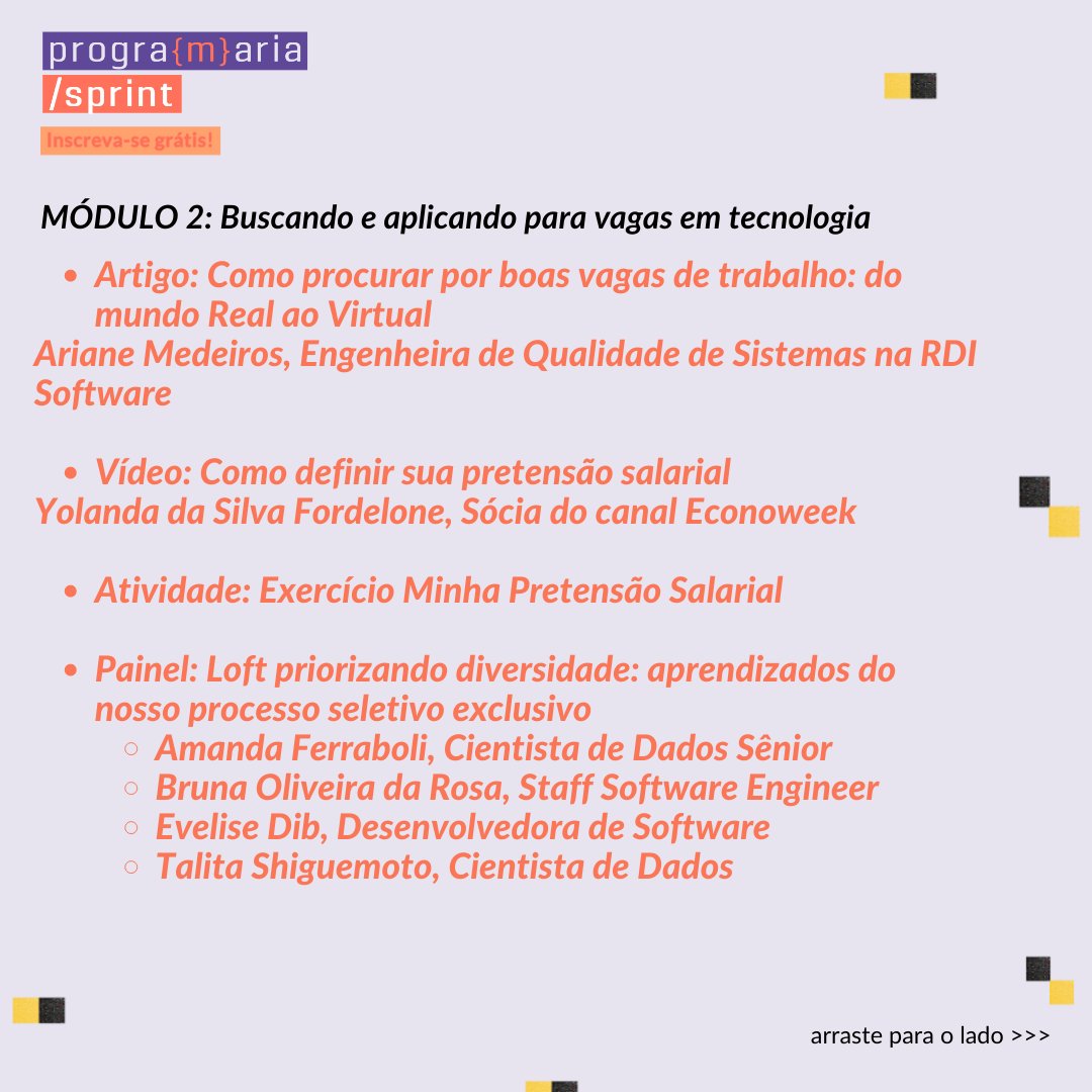 programaria's tweet photo. [acesso gratuito] Módulo 2 da #PrograMariaSprint Processos Seletivos em #Tech: Vamos à luta, PrograMarias!👊🏾inscreva-se aqui: https://t.co/1dtYFmWEhY https://t.co/aED7mYaRbT