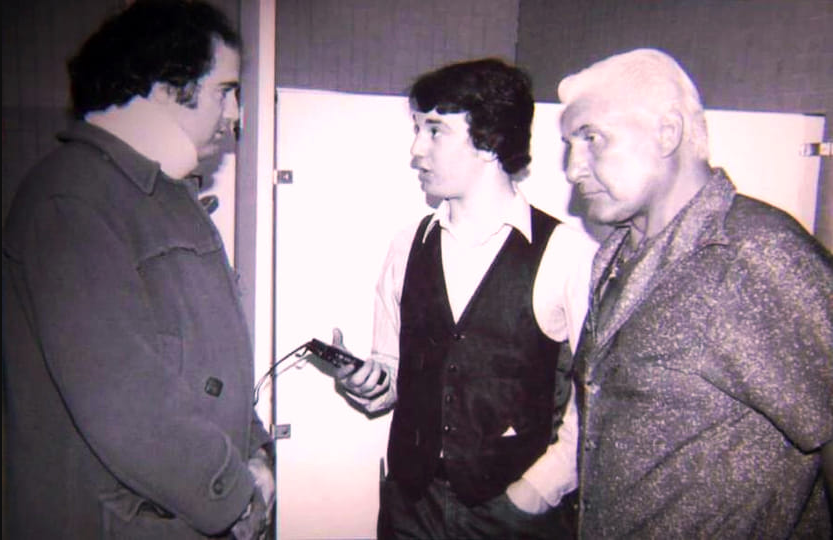Paul Heyman interviews Andy Kaufman in a restroom  in 1982, as Fred Blassie stands nearby. Heyman would have been a high school junior here. 

The amount of wrestling history in this photo is quite ridiculous.

(Sorry for not knowing the photog... maybe <a href="/Starshot9/">George Napolitano</a> ?)