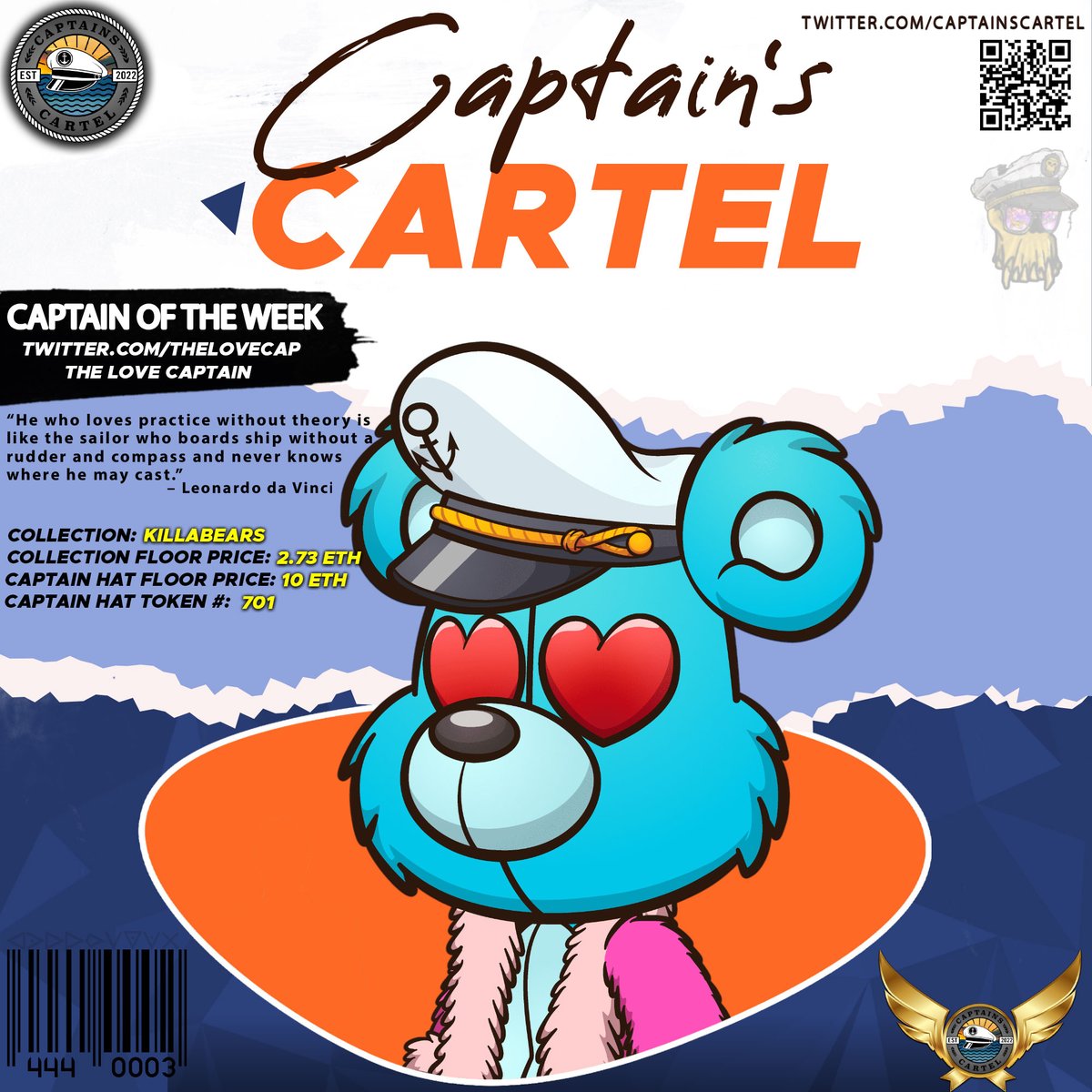 Captains Cartel (@captainscartel) on Twitter photo 🚨Attention - Captain on deck! 🚨
Lets celebrate and recognize @TheLoveCap as the #Captain of the week - Thanks for always representing the #CaptainHats trait -
The ship is yours Fam!
Keep a look out for next week's #Captain 🫡
Follow <a href="/CaptainsCartel/">Captains Cartel</a> and @TheLoveCap 🚨Attention - Captain on deck! 🚨
Lets celebrate and recognize @TheLoveCap as the #Captain of the week - Thanks for always representing the #CaptainHats trait -
The ship is yours Fam!
Keep a look out for next week's #Captain 🫡
Follow <a href="/CaptainsCartel/">Captains Cartel</a> and @TheLoveCap