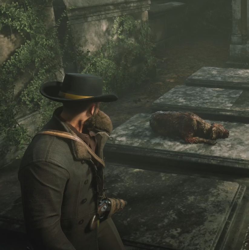 CanYouPetTheDog's tweet photo. In Red Dead Redemption 2, a lone dog can be found constantly sitting at its former owner's grave. This is thought to be a reference to Greyfriars Bobby, a real dog from Edinburgh, Scotland (home of Rockstar North) who reportedly sat by the grave of a loved one for 14 years. https://t.co/a6qgPtdUff