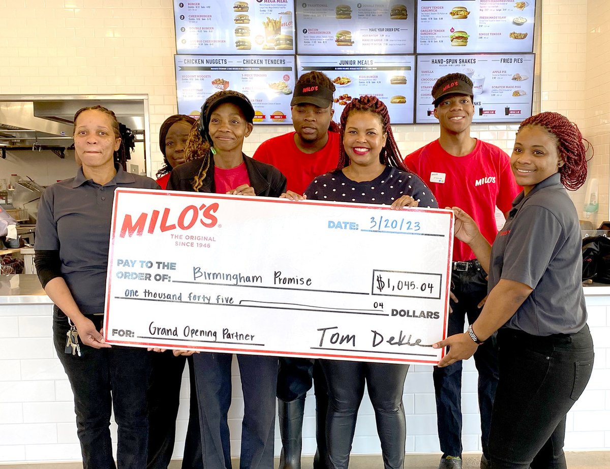 What a delicious partnership! <a href="/milosburgershop/">Milo's Original Burger Shop</a> gave us a percentage of every hamburger combo sale during the Midtown site's opening week, and the result was more than $1,045 to support college and career opportunities for students in <a href="/BhamCitySchools/">Birmingham City Schools🎓</a>. #thankyou #givingback