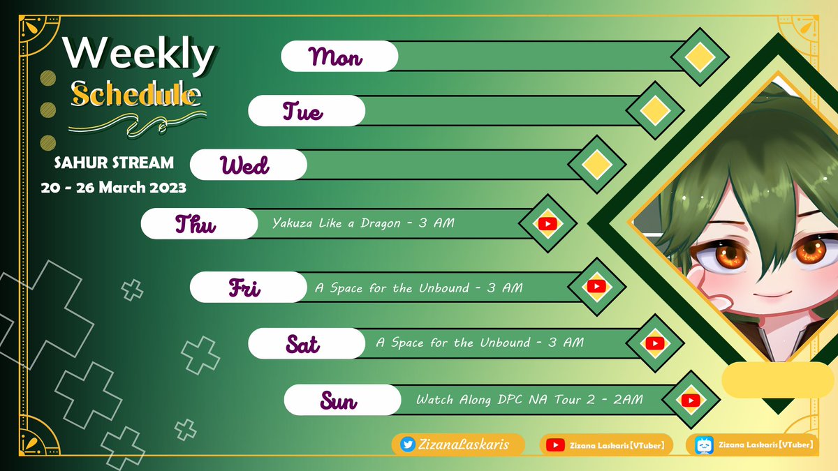 ZizanaLaskaris's tweet photo. My schedule this week
It's been a long time for me to make schedule.

Ini karena ada sahur stream yang akan aku lakuin di bulan ini ! Dan karena ada DPC bulan ini, jadi bakal ada watch along yak !

https://t.co/Y1UCdPJjzA

#ZizanaLaskaris #VtuberID https://t.co/yAJCxGXrRg