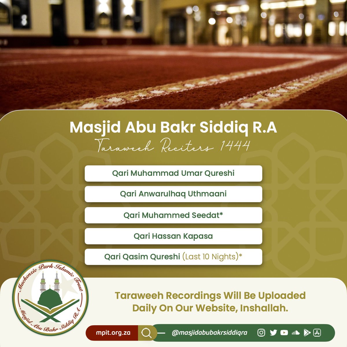 masjidabubakr_'s tweet photo. Taraweeh Reciters 1444/2023 

#mpit #mabs #mackenziepark #benoni #masjidabubakrsiddiqra #islam #ramadhaan #taraweeh #prayer #love #peace #muslim https://t.co/pCTNZjwMaC