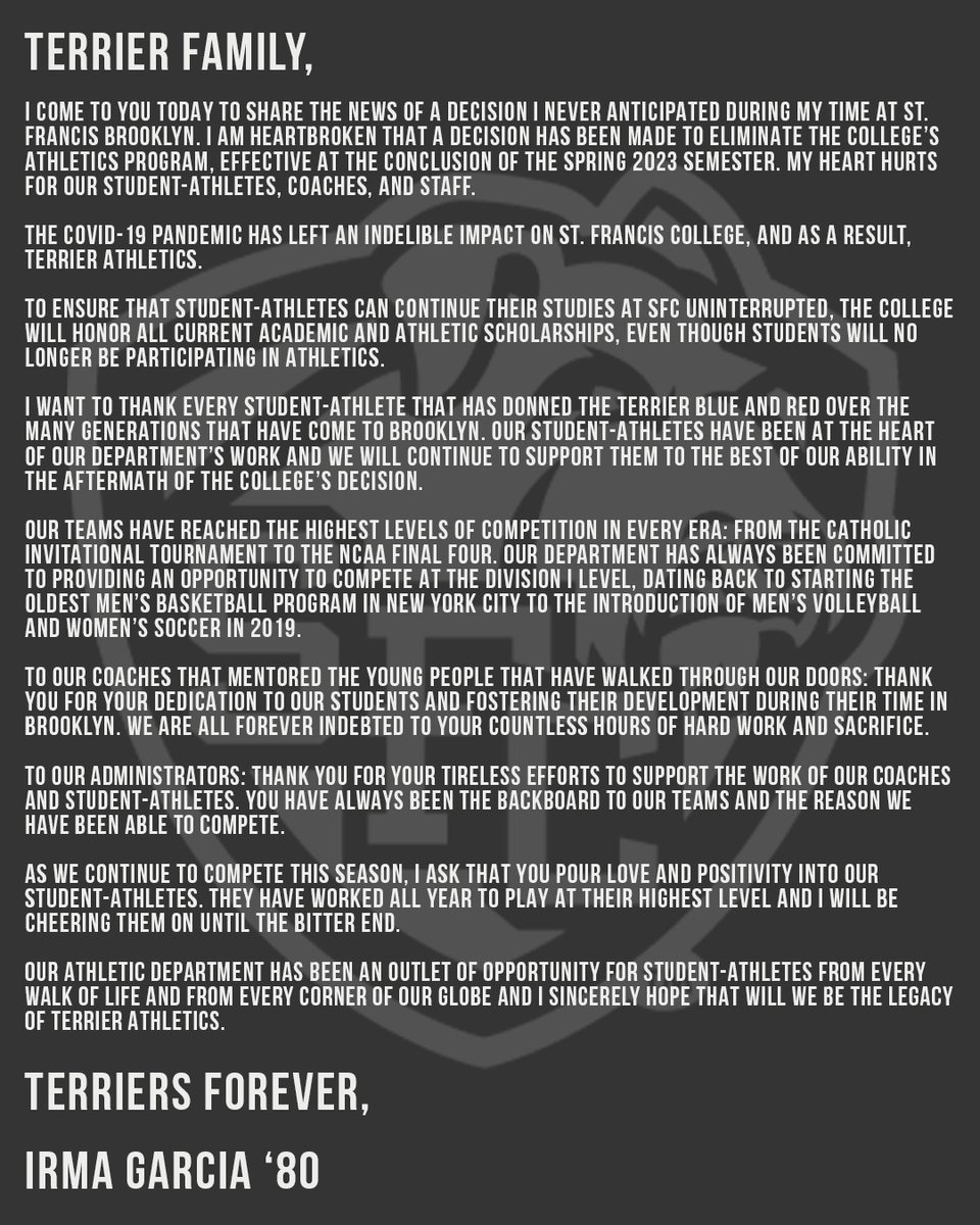SFBKTerriers's tweet photo. A statement from Director of Athletics Irma Garcia regarding today's announcement from @SFCNY 

#BrooklynTough https://t.co/StVkfKEthZ