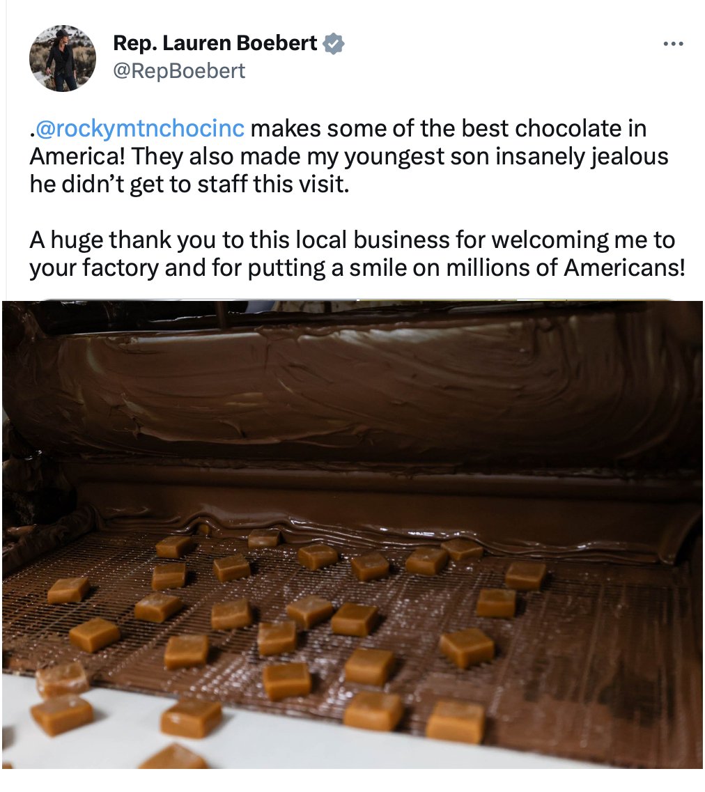 AdamForColorado's tweet image. Well, now, on this, Lauren Boebert and I can agree.

@rockymtnchocinc does indeed make amazing chocolate and we're lucky it's based right here in #CO03.