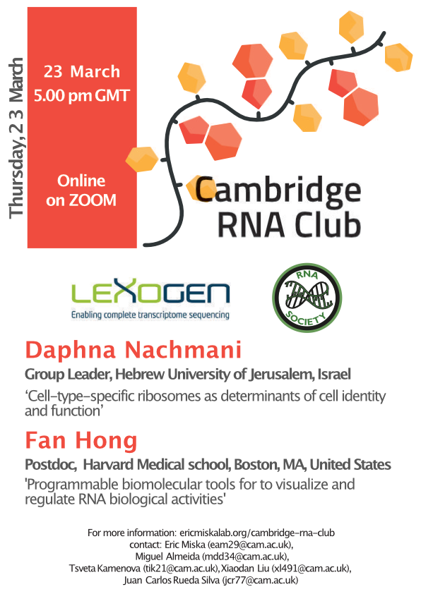 CambridgeRNA's tweet photo. The March RNA Club will be on Thursday 23rd at 5:00pm GMT! This event will be online on Zoom for all people interested in RNA. This time we will hear interesting talks by Daphna Nachmani and Fan Hong! Thanks to our sponsors @RNASociety and @lexogen https://t.co/15pJ7nYDgc