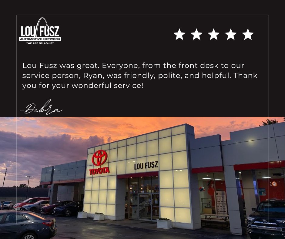 Come see our amazing staff at Lou Fusz Toyota. Our staff is happy to help you from the moment you walk in the door! Visit us online at bit.ly/36jYsti 

#loufsuzautomotivenetwork #wearestlouis #fuszfamily #toyota #loufusztoyota #cardealerstl #loufusz #service #sales