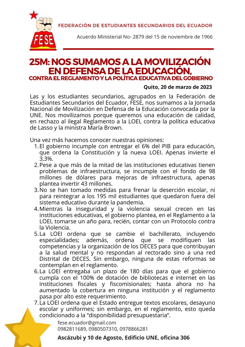 Revisa nuestro comunicado de cara a la movilización de este 25 de marzo contra  el Reglamento Inconsulto puesto por Guillermo Lasso. (1/2)
#FueraLassoYa #LOEI #Educación #LassoEsCorrupción #Ecuador