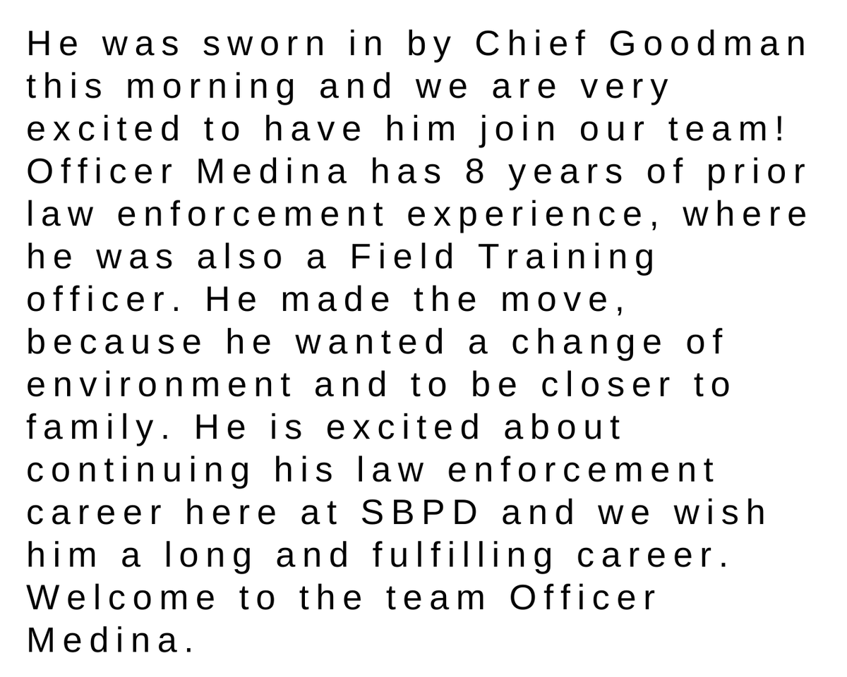 SanBernardinoPD's tweet photo. Join us in welcoming Officer B. Medina 🎉 

If you are a police officer or deputy sheriff looking to make a change the San Bernardino Police Department is hiring. Apply today at https://t.co/VuSDtBpevz

#WelcomeAboard  #JoinSBPD #LateralOfficers #StandardOfExcellence @SBPD_CHIEF https://t.co/x903B4OW10