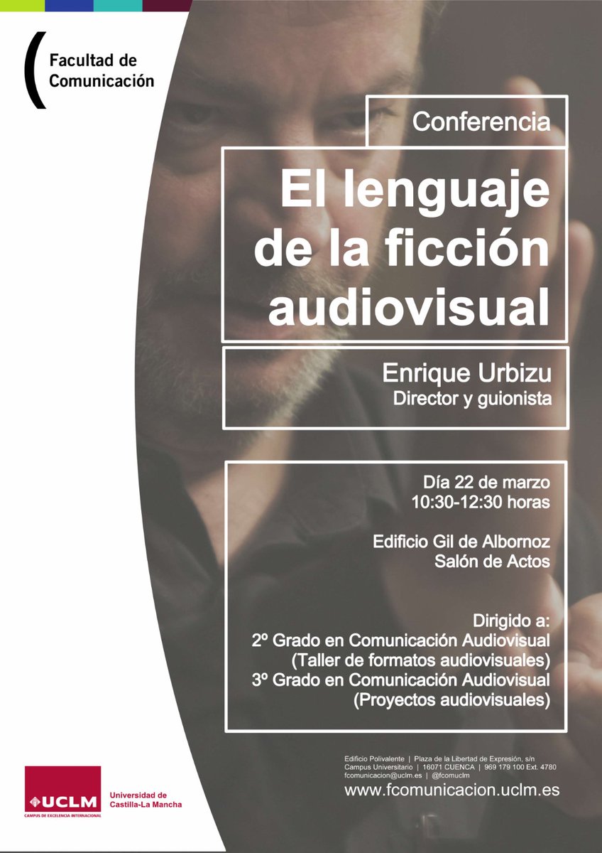 Este miércoles, la @FcomUCLM acoge la conferencia 'El lenguaje de la ficción audiovisual'. La imparte Enrique Urbizu, un gran cineasta y un excelente profesor, de los que contagian curiosidad y ganas (y sé lo que digo, que conservo las notas y los dibujos de los planos 😎).