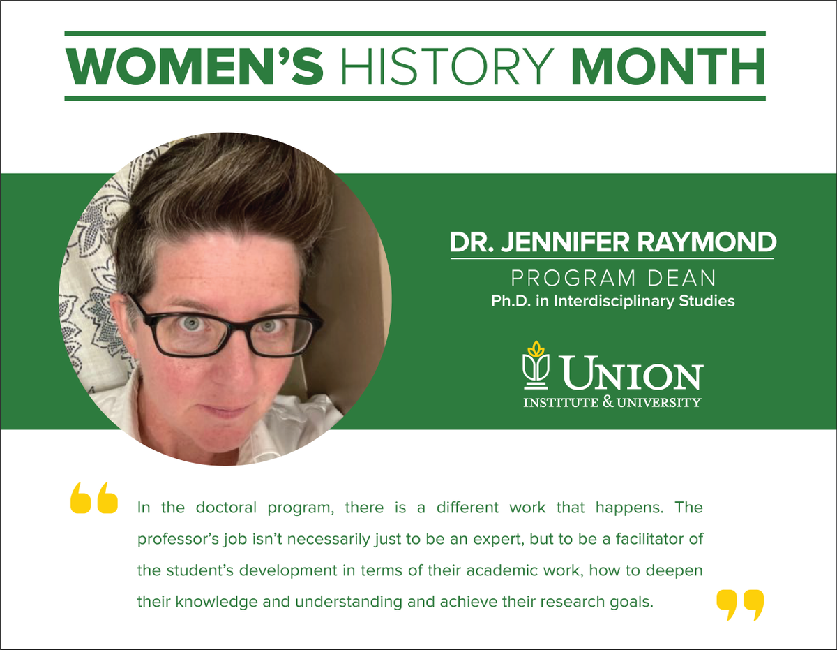 myunionedu's tweet photo. Today our #WomensHistoryMonth faculty spotlight is Dr. Jennifer Raymond, Dean of Union's Ph.D. program in Interdisciplinary Studies.
#UIU #UnionInstitute https://t.co/sLv9UOVQCs
