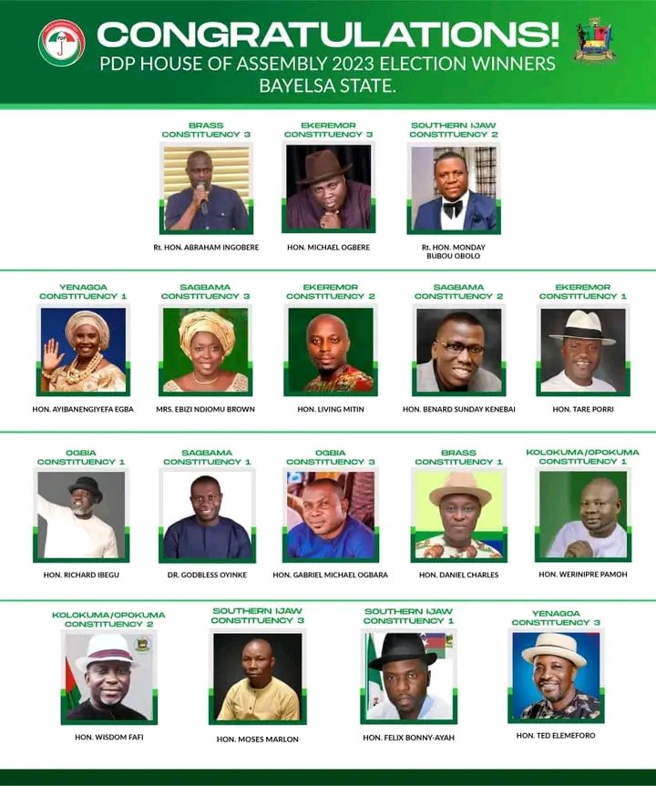 Bayelsa State House of Assembly results as declared by @inecnigeria
PDP won 17 seats
APC won 4 seats
APGA won 2 seats

Congratulations to @govdouyediri 
#NigerianElections2023 
#INECElectionResult