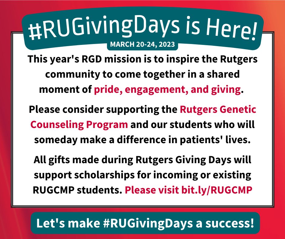 rugcmp's tweet photo. One week, a world of difference! During #RUGivingDays use your generosity, time, and talent to support an area at Rutgers that’s close to your heart. Please support our program this week https://t.co/ne0XLVs34T #GeneChat https://t.co/6zzopmgSzN