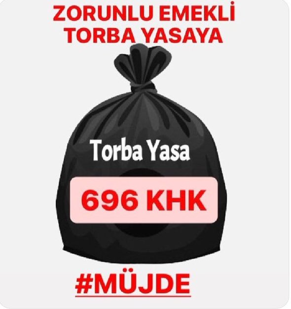 Zorunlu emekli edilen 696khklılar olarak, bizler de işe iade istiyoruz SESİMİZİ DUYUN ADALET İSTİYORUZ #zorunluemeklitorbayasaya <a href="/RTErdogan/">Recep Tayyip Erdoğan</a> <a href="/vedatbilgn/">Vedat Bilgin</a> <a href="/AvOzlemZengin/">Av. Özlem Zengin 🇹🇷</a> 
<a href="/sgirgin48tbmm/">Süleyman Girgin</a>
<a href="/Mustafa_Destici/">Mustafa Destici</a> 
<a href="/mustafaelitas/">Mustafa Elitaş</a>
<a href="/akbasogluemin/">Av. M.Emin AKBAŞOĞLU 🇹🇷</a> <a href="/55erhanusta/">Dr. Erhan Usta</a> 
<a href="/yilmaztunc/">Yılmaz TUNÇ</a> <a href="/avabdullahguler/">Abdullah Güler</a>