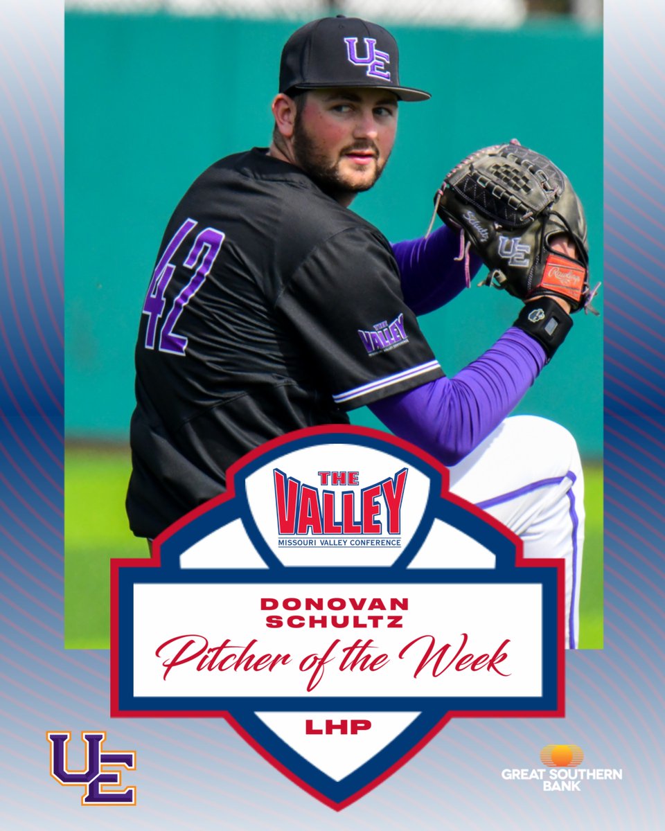 MVCsports's tweet image. Pitcher of the Week ⫸ Donovan Schultz, @UEAthleticsBASE

▪️ Tossed six shutout innings to lead Aces to sweep of Purdue
▪️ Equaled his career-high with 8 strikeouts and allowed only four hits

Great Southern Bank | #TheValleyRunsDeep