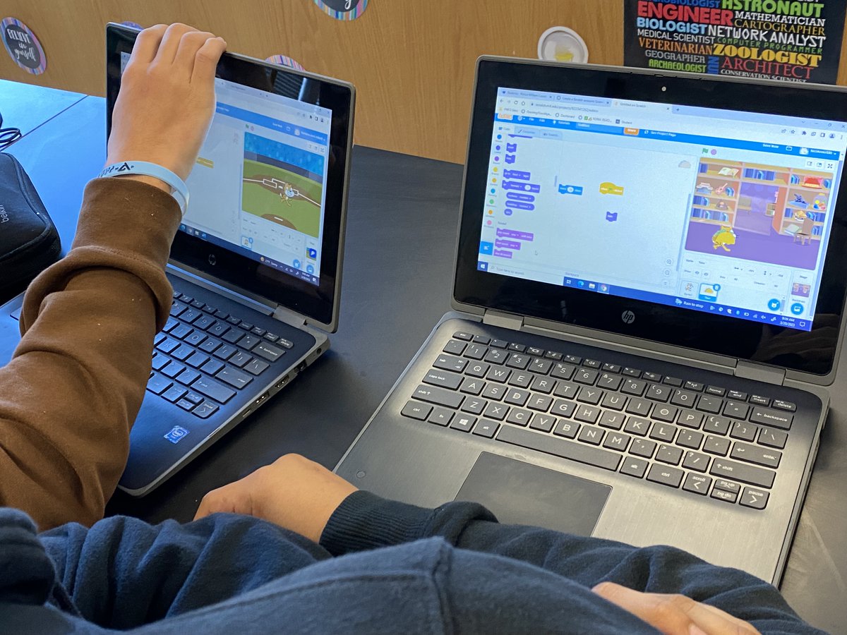 LibraryIngalls's tweet image. Today we started one of my favorite collaborative units! Working with our 8th grade math/science students to use @scratch to code @makeymakey as pressure sensors and transportation signs. 
(There will be robots and a city roadway later!)
#PWCSLibraries