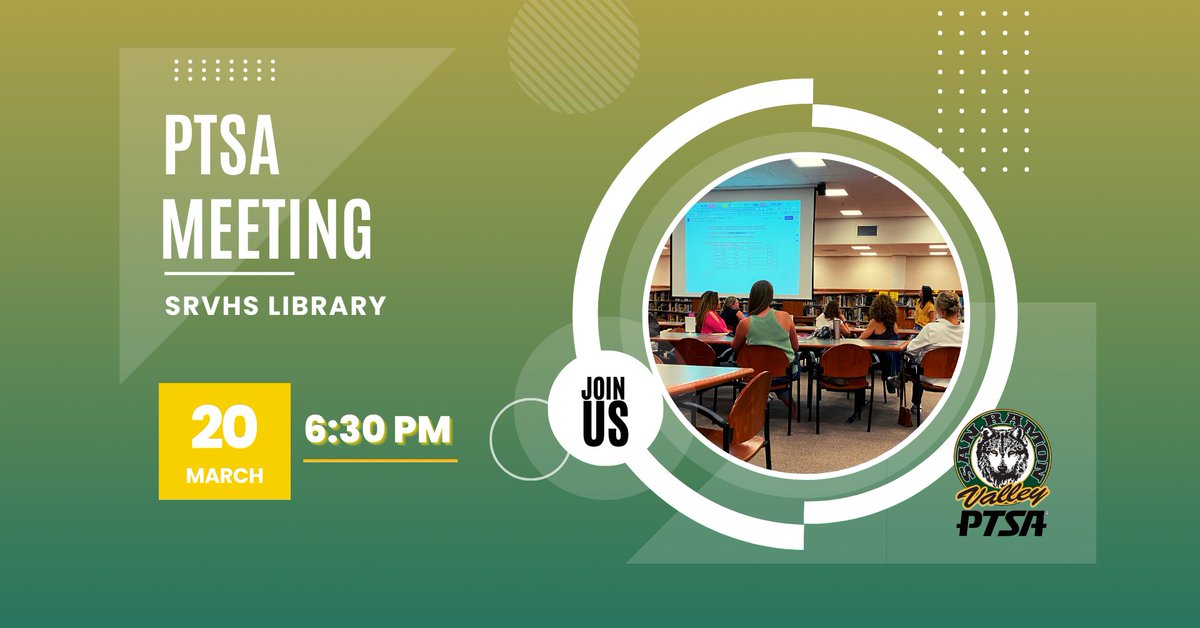 Join us at tonight's PTSA meeting, 6:30PM in the SRVHS library. We will be voting in our 2023-24 PTSA board and we need you there!
