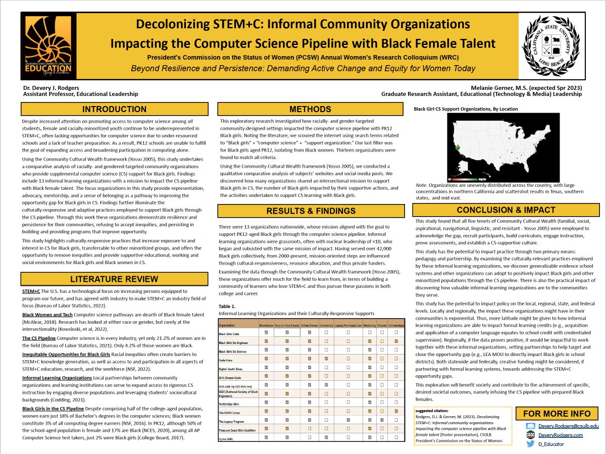 I was honored to share my #CS4All #STEM #edtech research, 'Decolonizing STEM+C: Informal Community Organizations Impacting the Computer Science Pipeline with Black Female Talent' @CSULB's President's Commission on the Status of Women.