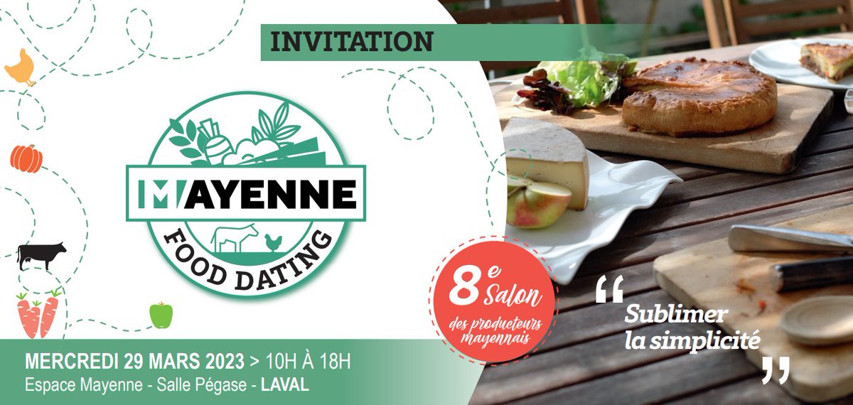 53Reseau's tweet photo. Rendez-vous au #MayenneFoodDating le 29 mars à @espacemayenne pour "Sublimer la simplicité" de nos produits mayennais. Le salon dédié aux professionnels de #alimentation
Inscrivez vous https://t.co/l3jcesELC5
@lamayenne #AMF53 @MayenneTourisme @CCIMayenne https://t.co/tOfCrWLJGa
