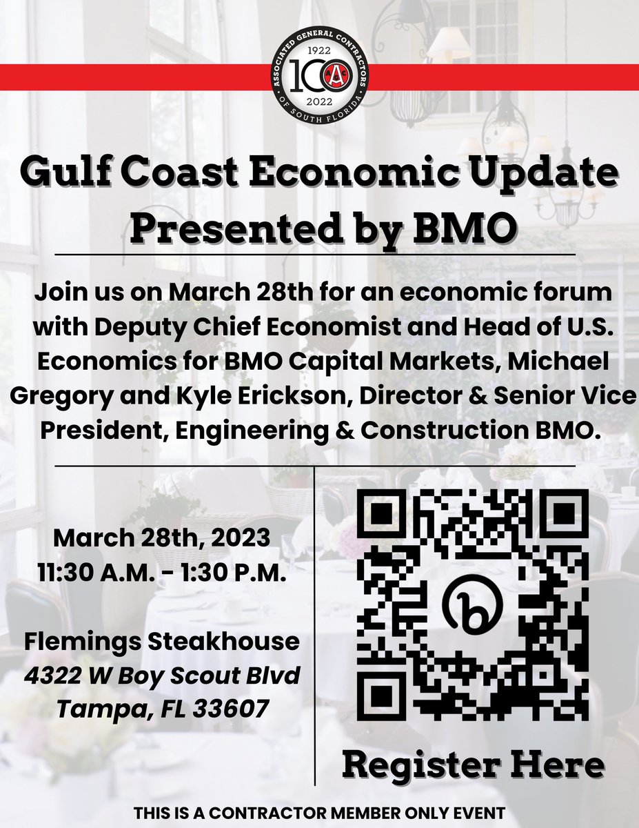 SouthFloridaAGC's tweet photo. Join your South Florida AGC on March 28th in Tampa for a Gulf Coast Economic Update presented by BMO.

To register visit: https://t.co/rQNSHfXWlP

#SFAGC #economicupdate #bmo #registernow https://t.co/8VPCopMQG2
