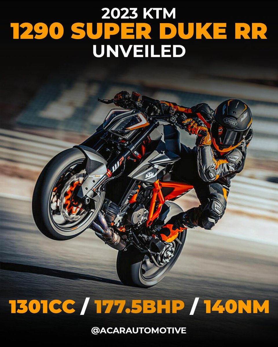 AcarAutomotive's tweet photo. #KTM unveiled the limited edition 
#1290SuperDukeRR for the international market.

Things to know ⬇️

➡️ Limited to 500 units
➡️ Carbon fiber body work 
➡️ WP Apex Pro front forks
➡️ WP Apex Pro rear shock
➡️ Not available in India as of now

#acarautomotive https://t.co/B8c5GMtWUl
