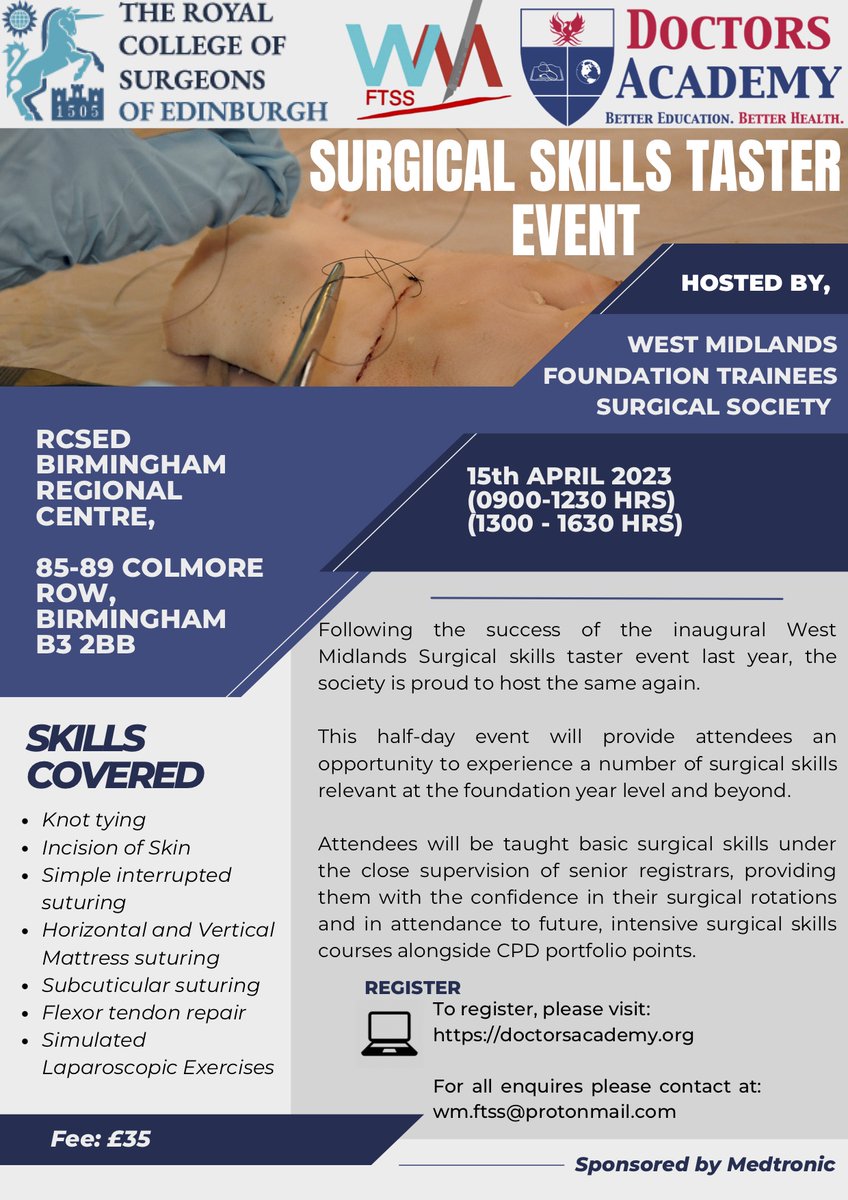 FtssWm's tweet photo. Sat 15th April - Surgical Skills Day for  Foundation Doctors and Medical students

A unique opportunity to practice and hone your surgical skills under experienced surgical seniors

Don't miss out!! Link: https://t.co/bOwRcy18Cr https://t.co/KnENcUmyxs
