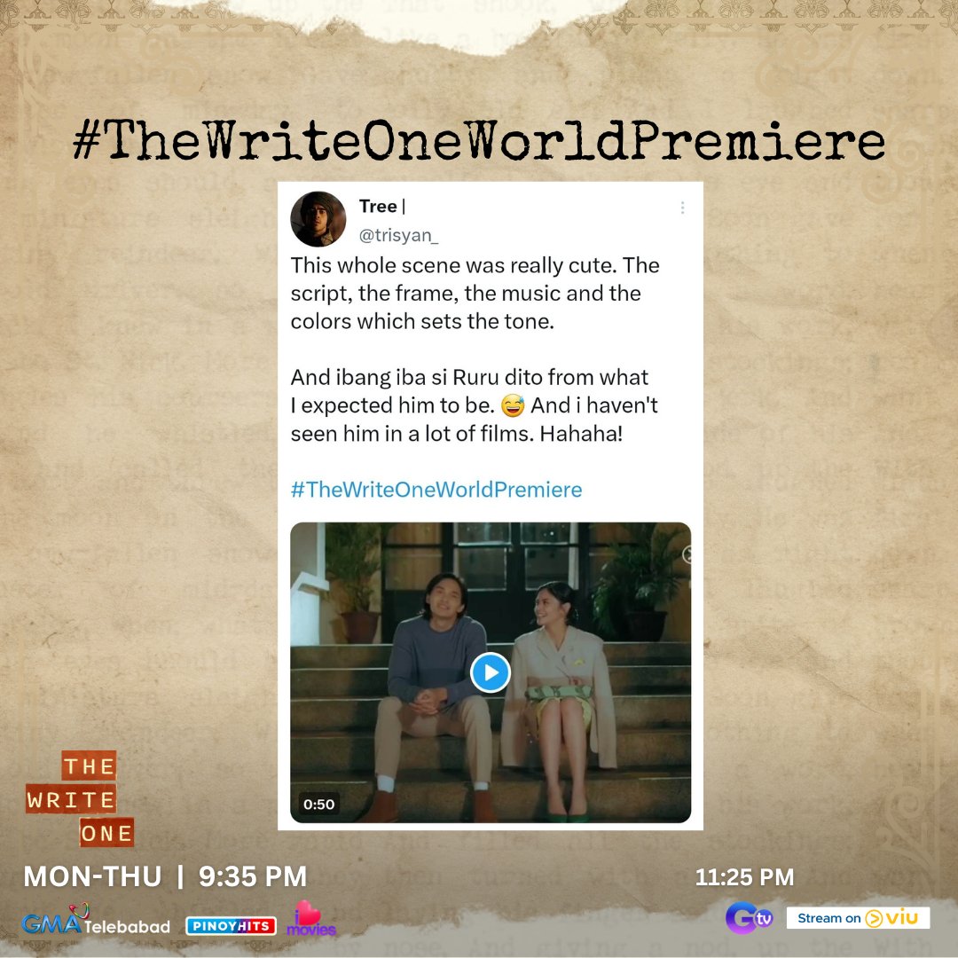 GMA_PA's tweet photo. TRENDING YARN? 🥳
Maraming salamat po sa lahat ng tumutok sa pilot episode ng #TheWriteOne! #TheWriteOneWorldPremiere
Kitakits po ulit bukas para sa mga mas kaabang-abang na eksena! #GMAViu https://t.co/0Nnupury4G