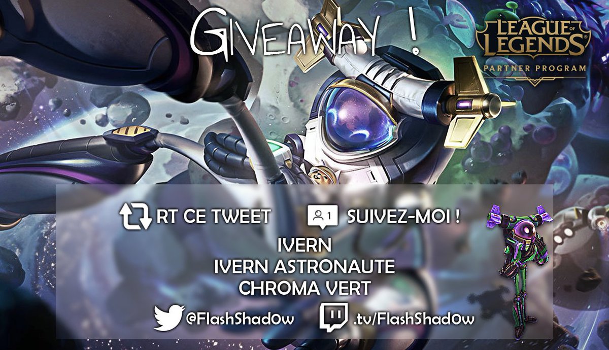 Déjà un nouveau Giveaway #leaguepartner ! :o 

Cette fois, on a droit à DAISY ! Euh... Ivern ! 

Comme d'hab, suffit de RT + me Follow 

A Gagner : 

- Ivern
- Son Skin Astronaute 
- Son Chroma vert exclusif #LPP 

Merci <a href="/wellbethestarz_/">the name can't be empty</a> pour l'image !