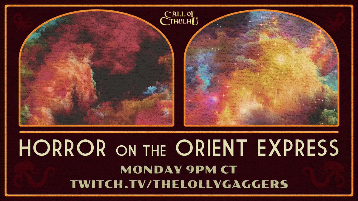We're back to Call of Cthulhu tonight, continuing our run of Horror on the Orient Express. The party prepares to leave London and begin their search for an ancient, evil artifact: the Sedefkar Simulacrum. 

9pm CT on twitch.tv/thelollygaggers

#ttrpg #CallOfCthulhu 
<a href="/Chaosium_Inc/">Chaosium</a>