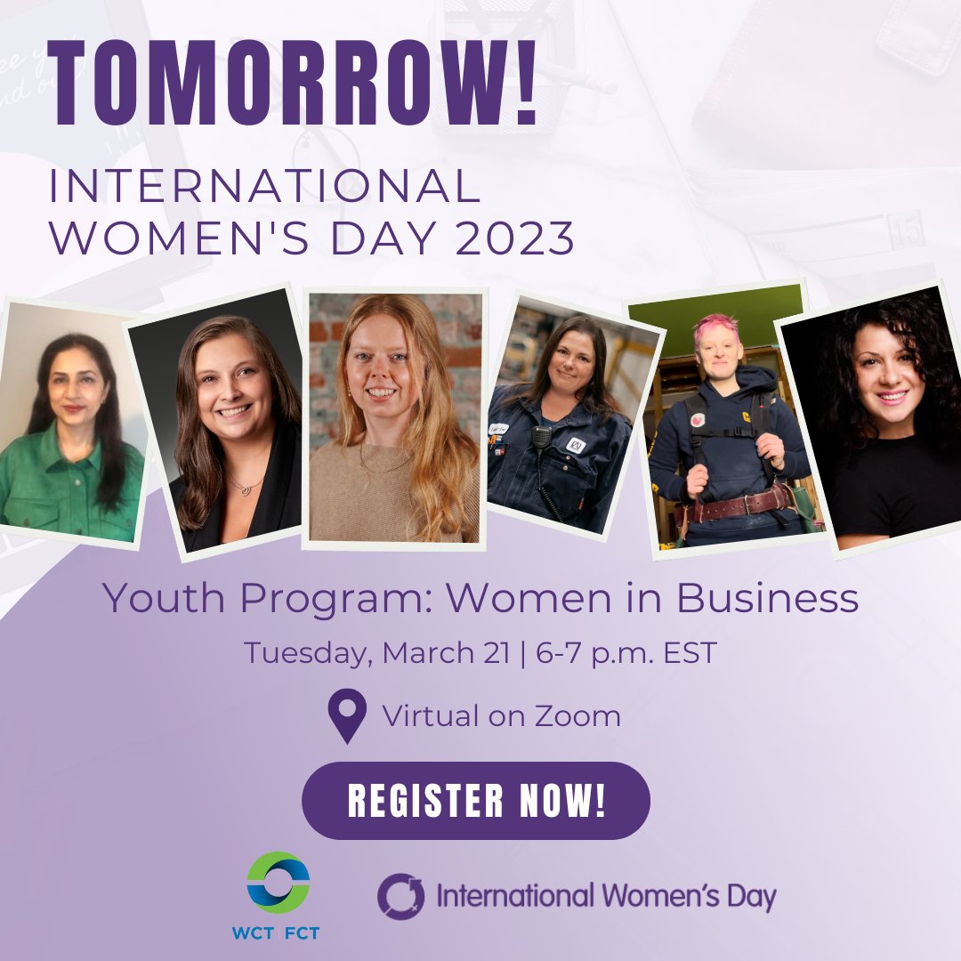 Don't miss out on our next IWD 2023 youth focused event happening tomorrow! 

This event is a great opportunity for youths to hear the  perspectives, insights, and achievements of local women in business. 

Register here: bit.ly/3IxsWMp