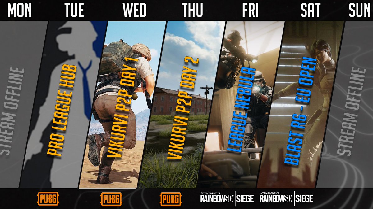 Some feedback I had was "We want to know what your streaming and when"

So here we go a quick overview of what i have booked in this week

Tue - <a href="/PLHpubg/">PLH PUBG</a> - Pro scrim Stacked
Wed - Day 1 <a href="/vikurvi_pubg/">VIKÜRVI</a> paid
Thur - Day 2 <a href="/vikurvi_pubg/">VIKÜRVI</a> paid
Fri - R6 League Nebula
Sat - R6 Blast