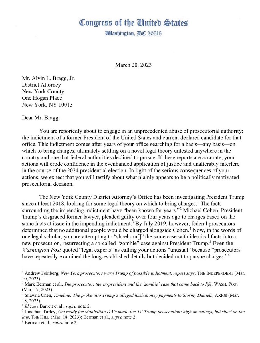 Jim_Jordan's tweet image. Was the Manhattan DA’s office in communication with DOJ about their investigation of President Trump? 

Was the Manhattan DA’s office using federal funds to investigate President Trump?

Alvin Bragg owes our committee answers.