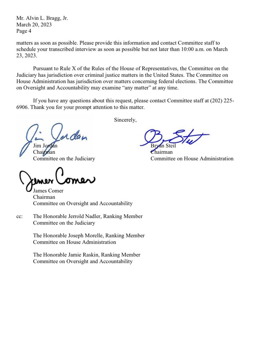 Jim_Jordan's tweet image. Was the Manhattan DA’s office in communication with DOJ about their investigation of President Trump? 

Was the Manhattan DA’s office using federal funds to investigate President Trump?

Alvin Bragg owes our committee answers.