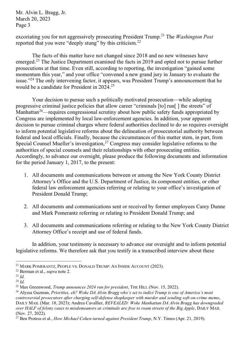 Jim_Jordan's tweet image. Was the Manhattan DA’s office in communication with DOJ about their investigation of President Trump? 

Was the Manhattan DA’s office using federal funds to investigate President Trump?

Alvin Bragg owes our committee answers.