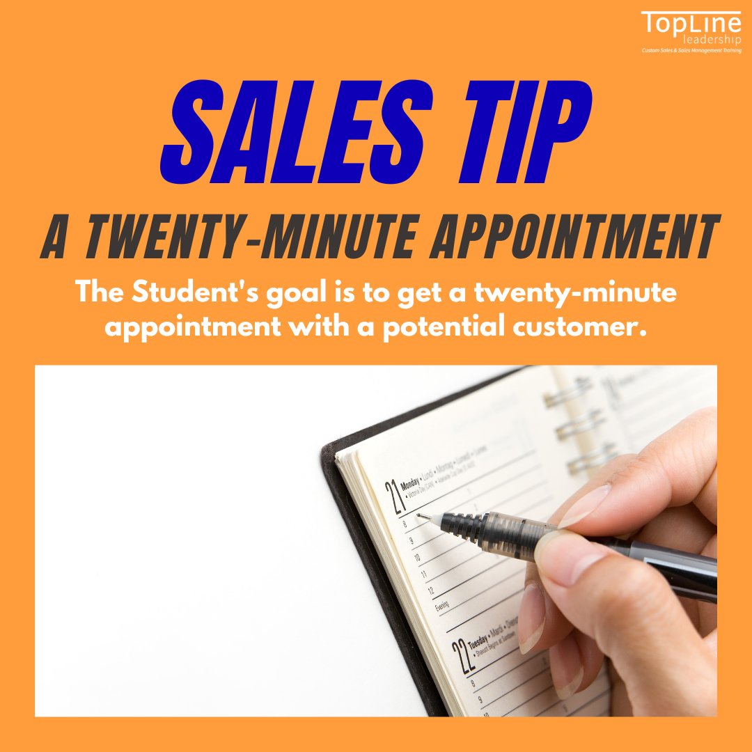 kevinfdavis's tweet image. What is a Student&apos;s goal? The twenty-minute appointment with a potential customer! 🗓️

To learn more about getting your first appointments, check out my online sales training course, &quot;Slow Down, Sell Faster!&quot;: bit.ly/3fadNRH

#sales #salestraining #salescourse #sales101