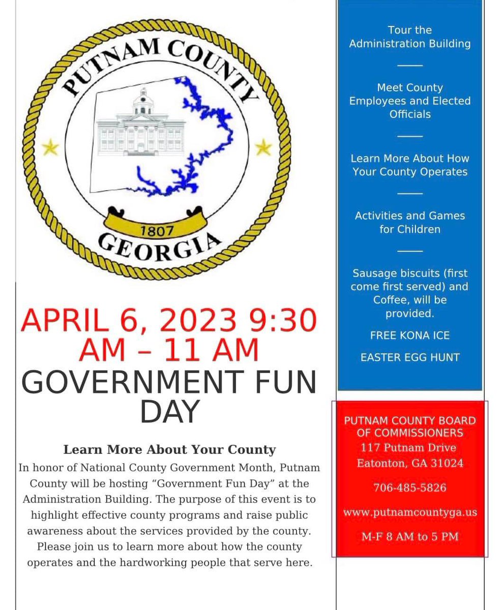 SAVE THE DATE! 

In honor of National Government Month, Putnam County will be hosting the second annual Government Fun Day on Thursday April 6, 2023 from 9:30 AM to 11:30 AM at the Administration Building. We hope to see you there!