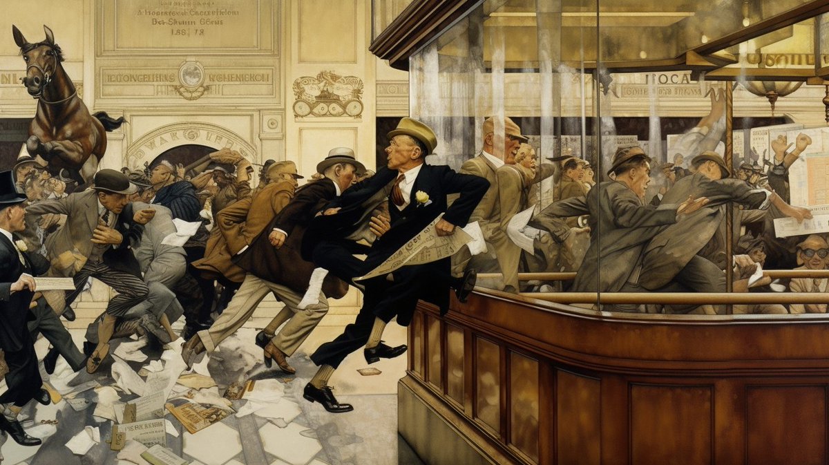 In today's "Discussions With Norman Rockwell via GPT4" we talked about the current financial "predicament".

He asked to look at some of the relevant news coverage. Which I provided.

This is what he then created with Midjourney V5. He calls it, simply "On Bank Runs. And Folly."