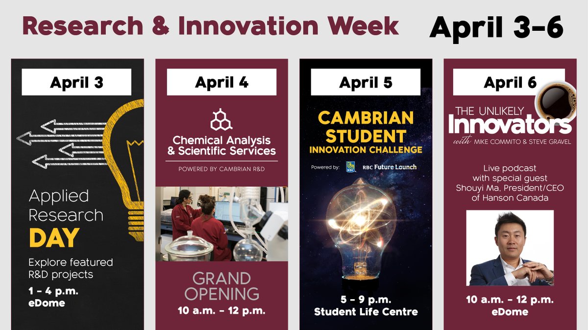 CambrianRD's tweet photo. Save the date! We are thrilled to host Research &amp; Innovation Week from Apr. 3-6. Join us for an exciting lineup of events that showcase the vibrant research and entrepreneurial spirit @cambriancollege. Don’t miss out on this week of innovation and inspiration! https://t.co/Ztqx3qzxhb