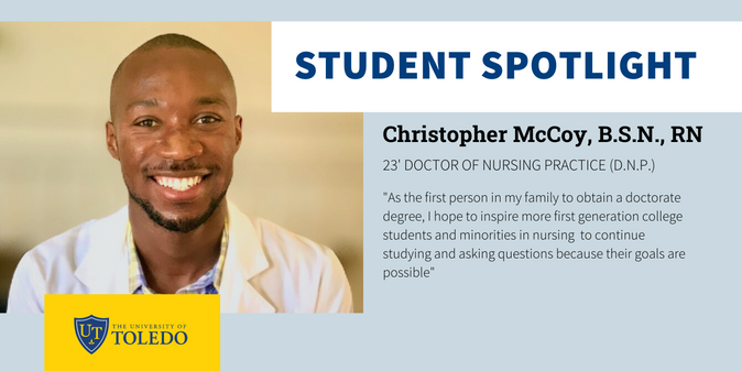 UTRocketNursing's tweet photo. Today’s Student #Spotlight features Christopher McCoy. Christopher is a #Leadnurse at The University of Toledo Medical Center (UTMC). He is now working toward his #DNP degree at #UToledo. 😊#GoRocketNursing #UToledoNursing #nursingstudent https://t.co/MLsuXYHngG