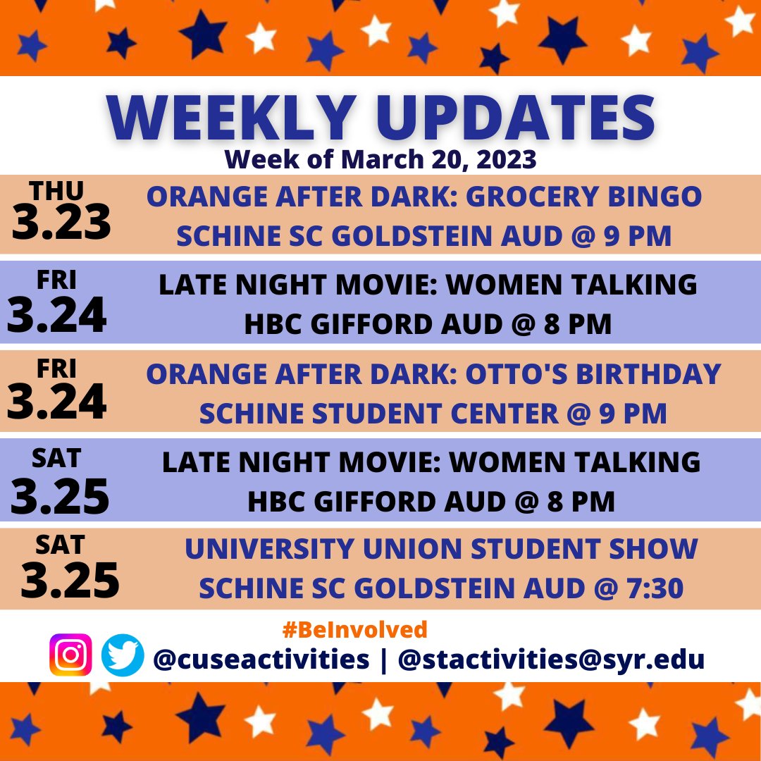 CuseActivities's tweet image. Welcome back! We hope you had a restful spring break and are ready to kick off the second half of the semester with us!