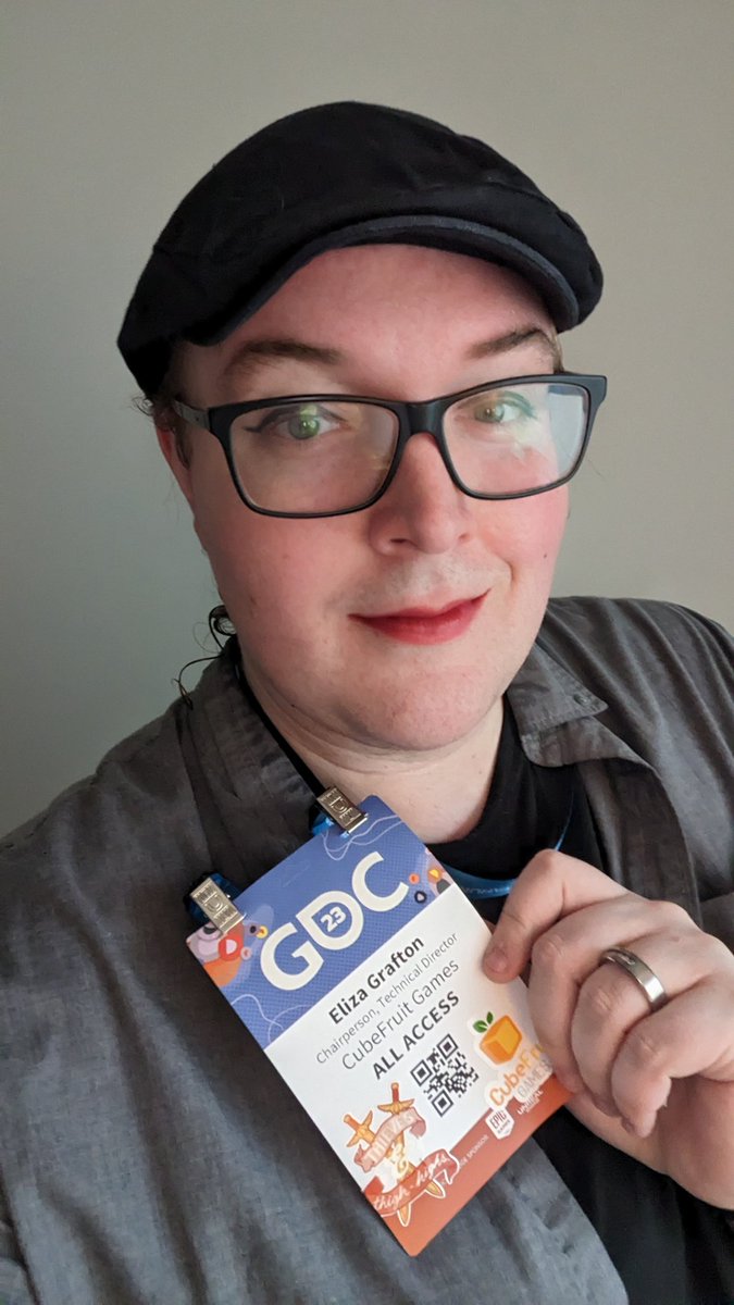 elizamgrafton's tweet photo. Today's GDC day 1 look! Come say hi if you wanna talk indie dev or queer rep in games!

#gdc2023 #queerfolk #gamedev https://t.co/4HDKknngE8