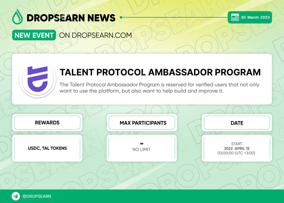 DropsEarn's tweet photo. 💧 New event on https://t.co/hrA2MBATix

Talent Protocol Ambassador Program

#DropsEarn #Crypto #Ambassadorprogram

➡️ https://t.co/bJN9EX9rsj https://t.co/Q64AoxGXnK