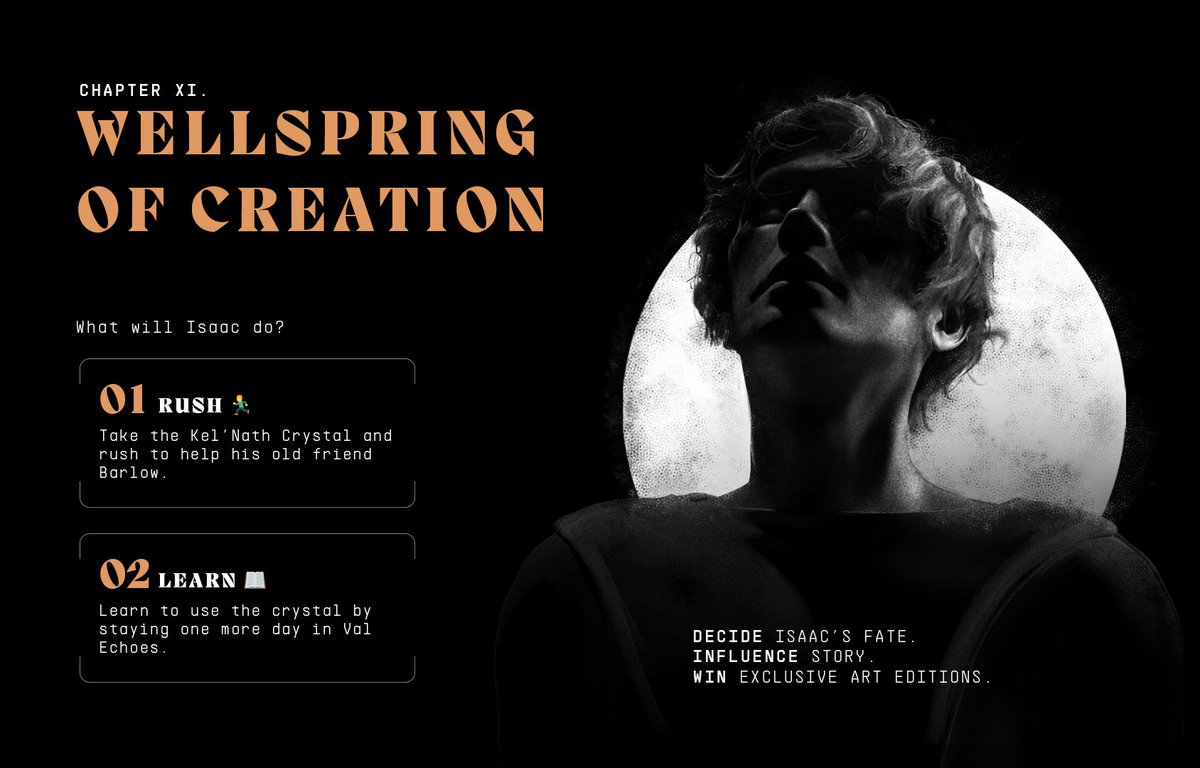 Wellspring of Creation - Chapter XI.

What will Isaac do?

1. Take the Kel’Nath Crystal and rush to help his old friend Barlow.

or..

2. Learn to use the crystal by staying one more day in Val Echoes.

⚖️You Decide!
📖Lore: tinyurl.com/2npxmptv
🗳️Vote: tinyurl.com/4hhdd8ax