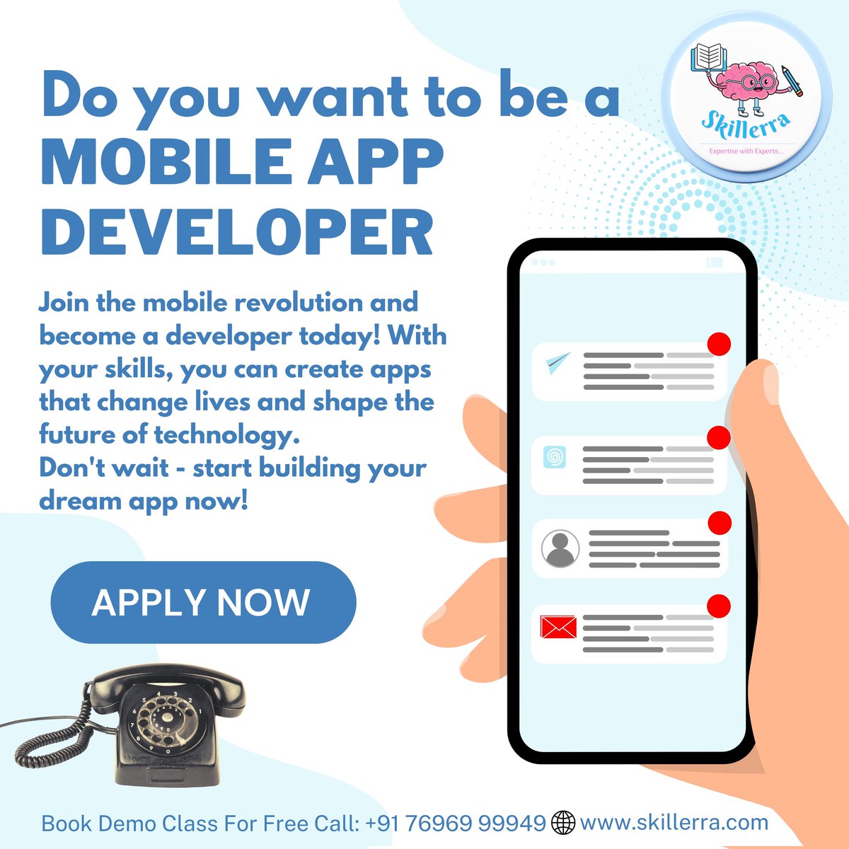 Ready to change the world with your mobile development skills? Join the revolution and start building your dream app today! #skillerra #skillup #programmer #fullstackdeveloper #developer #training #webhosting #debugging #mobiledevelopment #appdevelopment #innovation #technology