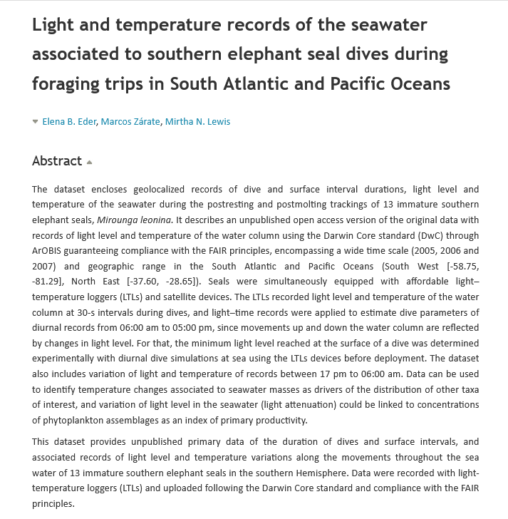 ARPHAPreprints's tweet photo. A dataset with data of the duration of dives and surface intervals, and associated records of light level and temperature variations along the movements throughout the sea water of 13 immature southern elephant #seals in the southern Hemisphere: https://t.co/cQW5TeFWo4 https://t.co/rgIhGyXSlf