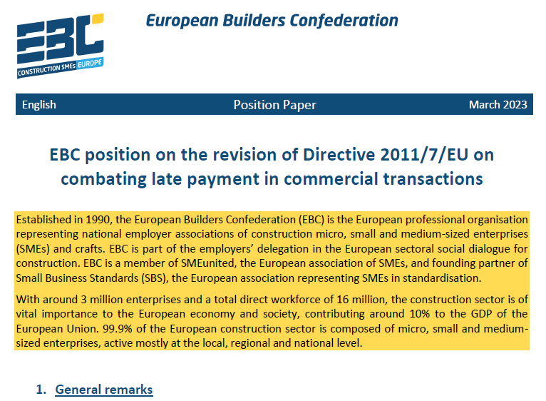 📢 EBC calls for an ambitious revision of the #LatePayment Directive based on the principle of zero tolerance 

To the position paper ➡️ bit.ly/3FEodXs
To the press release➡️bit.ly/3K2k0iZ